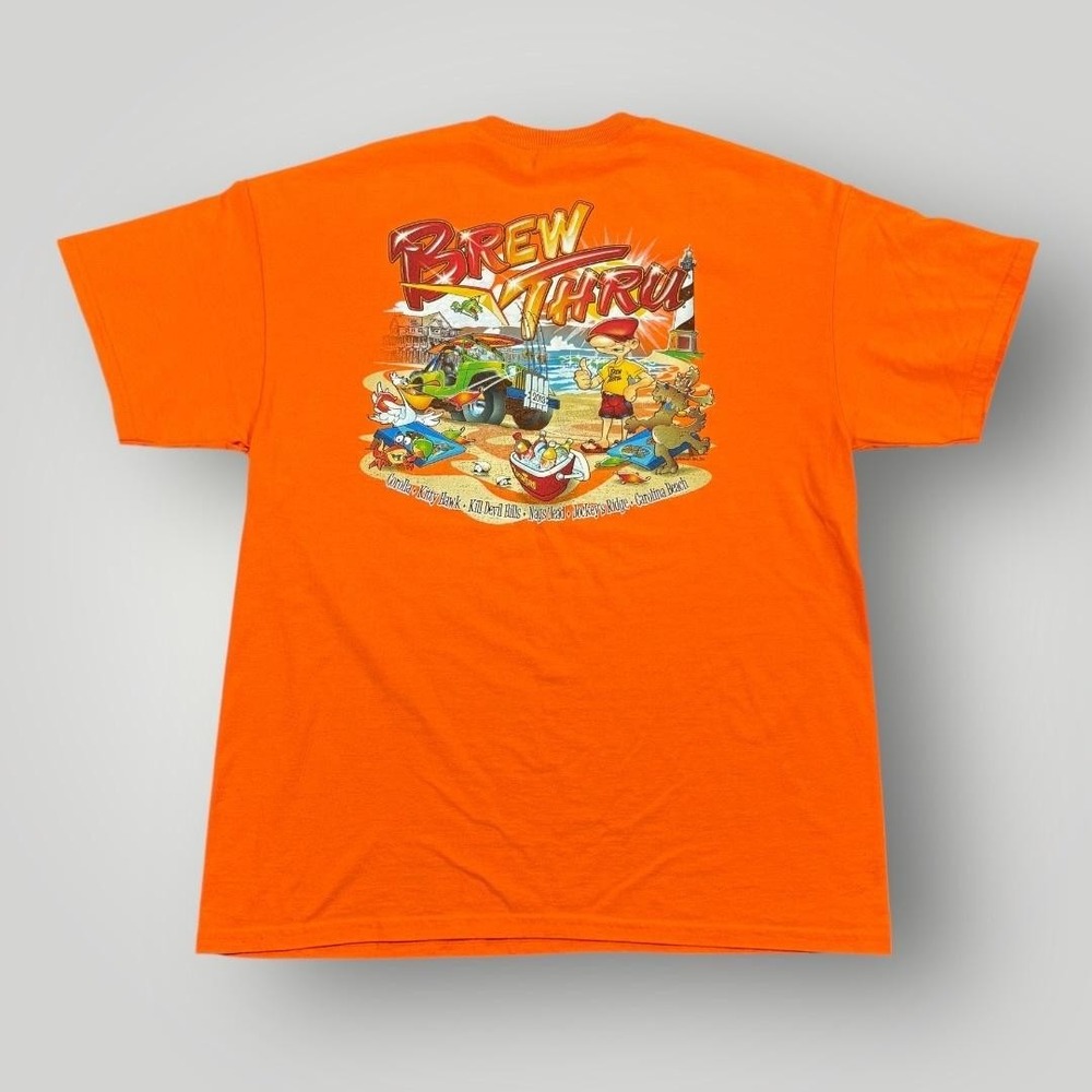 Brew Thru Outer Banks Shirt Mens Large Orange Beach‎ Cat Graphic Gildan Tee 2013